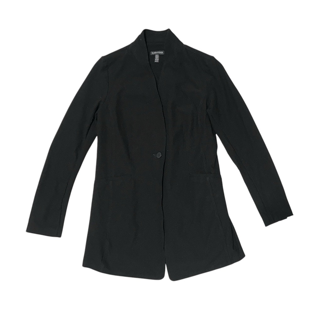Eileen Fisher Black Stretch Crepe Stand Collar Single Button Long Blazer Sz XS